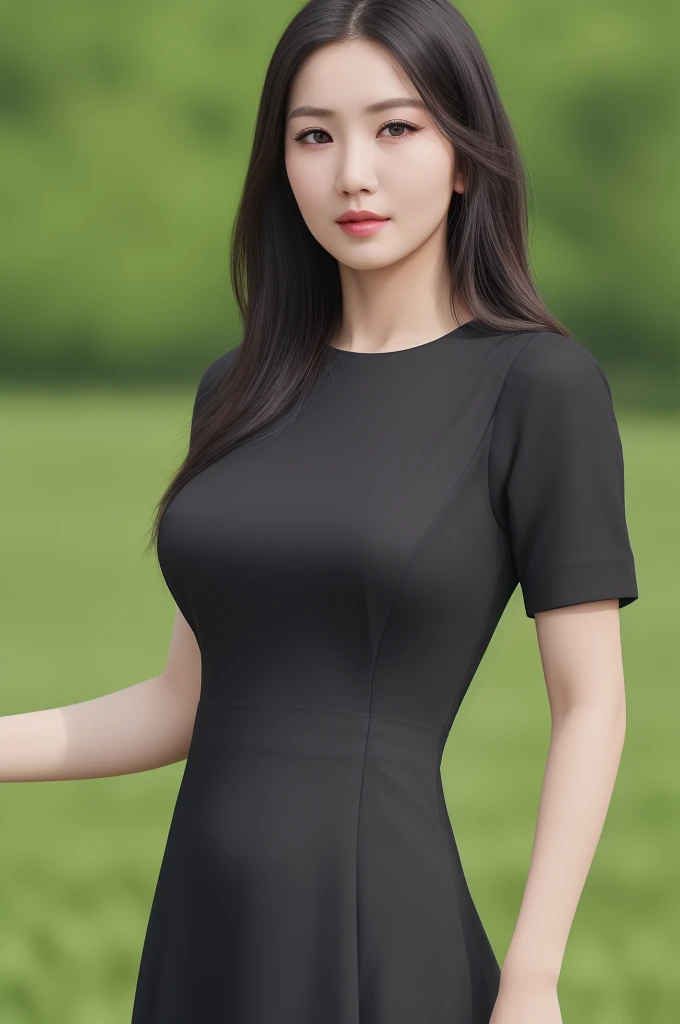 keb1, a woman, (realistic), (hyperrealism), (photorealistic), depth of field, eye makeup:0.8, (upper body:1.2), (narrow waist), looking at the viewer, black dress, at the field,  