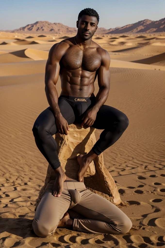 Image of attractive dark skinned man with arabic features in desert wearing tight underwear with good bulge sitting in wet oasis with background in desert dunes with camel beside 