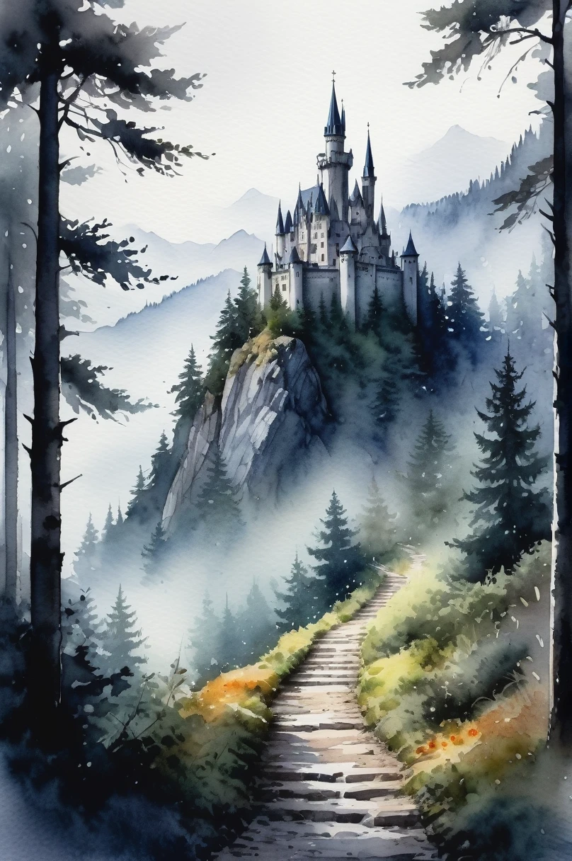 picture of small path in the misty dark tall tree forest leading to distant holy and magical forest, (watercolor), wet on wet, minimalist, loose watercolor, with mystical mountain landscape on the background, ultra high resolution, 8k , there is a gothic horror style castle on the background on top of the mountain, isolated, surrounded with with solid white background, #Slider