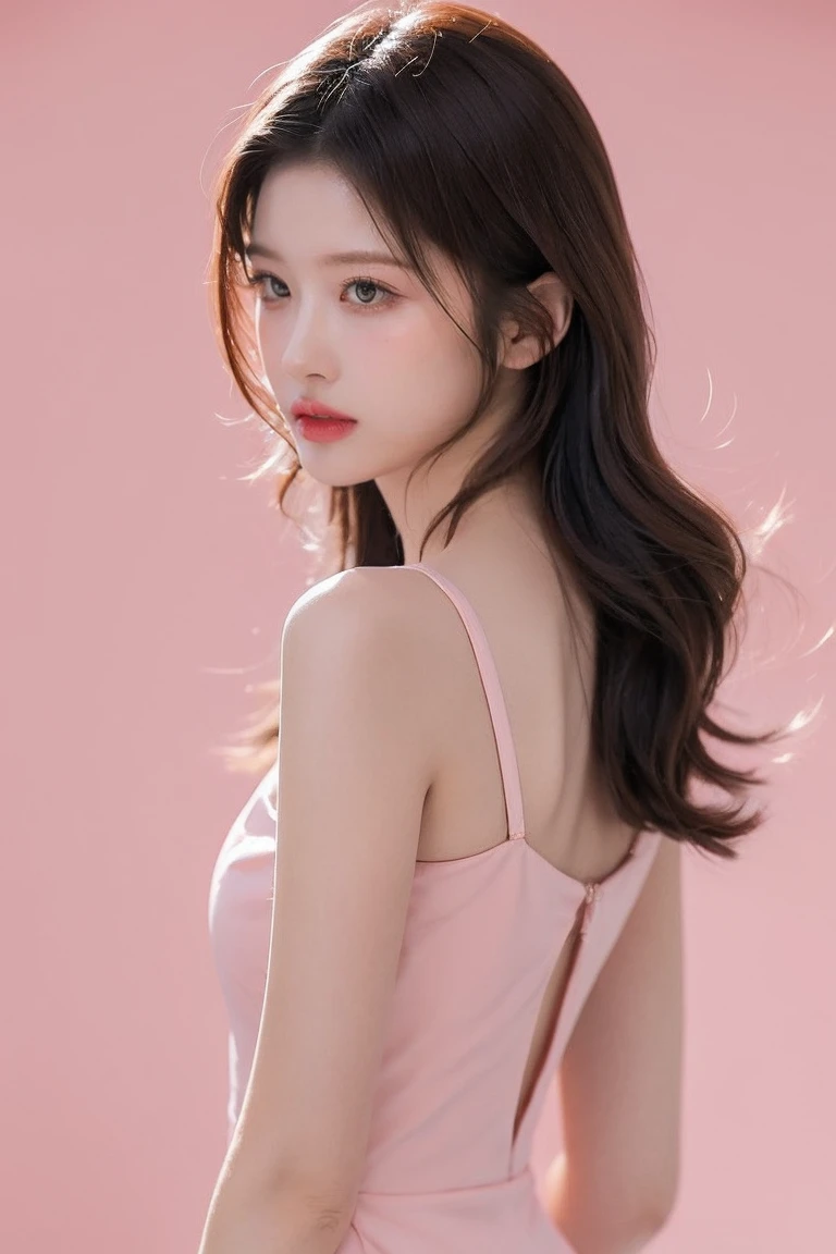 21yo girl, pink background, beautiful dress