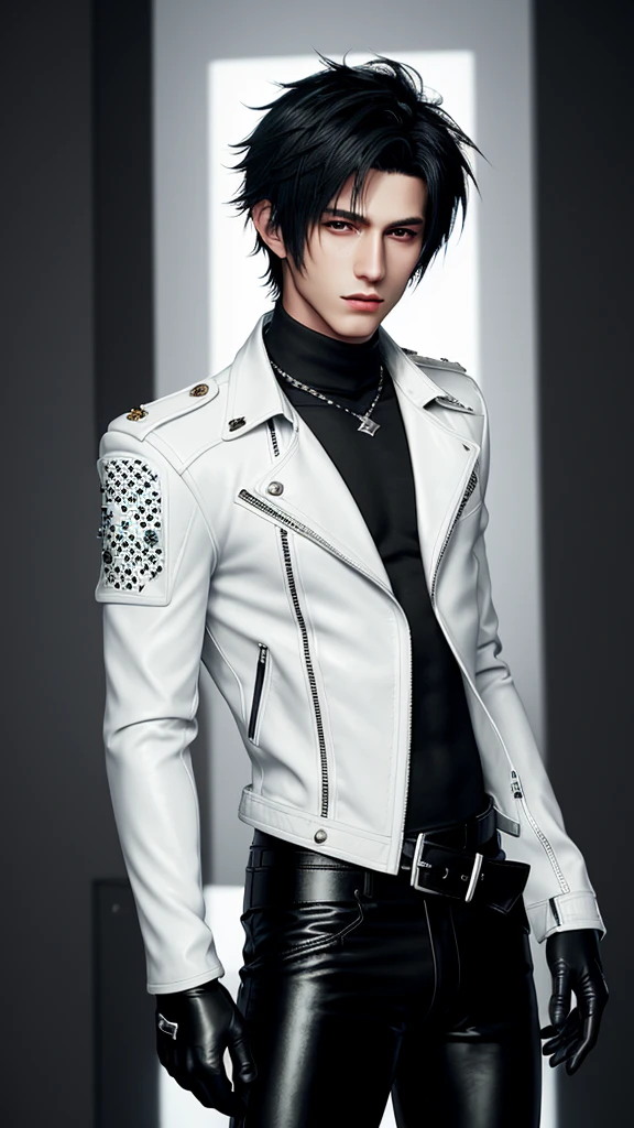 Final fantasy taste and reality graphics, Japanese young cute and cool ikemen boy, his age is early 20s, thin eyebrows and beady eyes, he wearing off white color leather thick singlebrest biker jacket, with epaulet, must close the front of the leather jacket, jacket is biker style, jacket is voluminous, , jacket collar is high length stand-up collar with belts, jacket is a little black line pattern,close the front of the jacket, also wearing black thick turtleneck lackluster shirts, tight black leather pants, shiny black leather tight and thin glove, black leather knee-high raceup boots,must views head-to-toe,must views whole body, boy looks like fashion model,Do not show skin from the neck down,leather jacket leather glove and leather pants have few wrinkles,boy in the room,