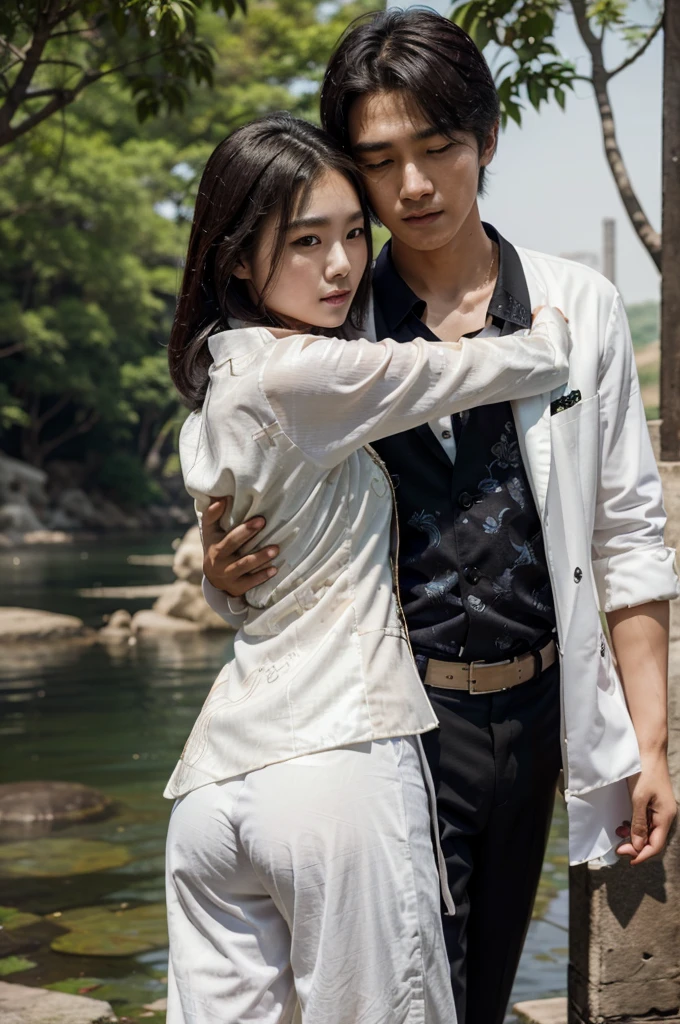 A photography of a beautiful Korean girl wearing an ancient kebaya with batik batik cloth bottoms being hugged from behind by a handsome Korean young man wearing a white shirt, black suit, black pants, hyper realistic background of a clear lake, UHD quality.