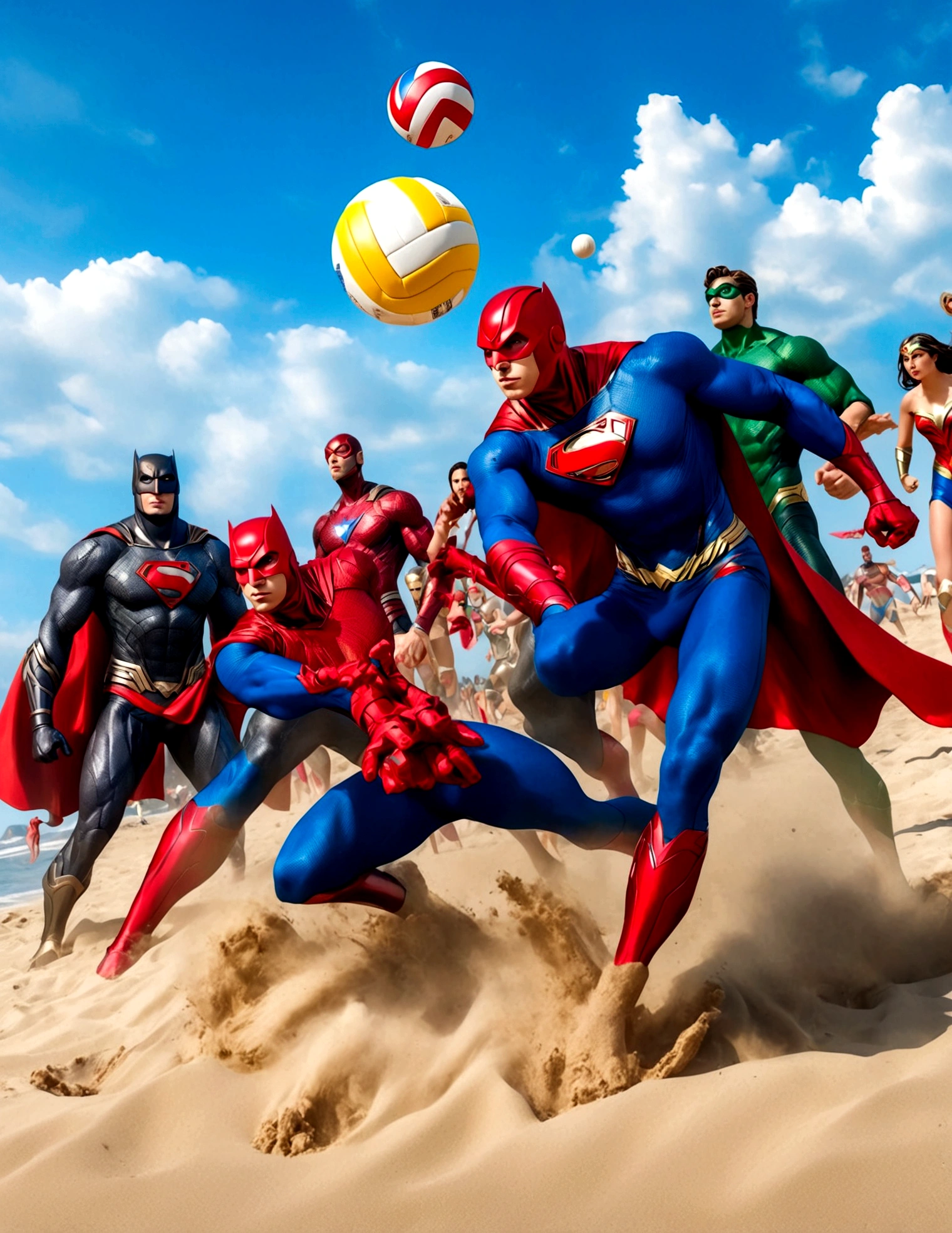 Superheroes are playing volleyball on the beach, DC's Justice League vs Marvel's Avengers, 5 players per team, relaxing super costumes