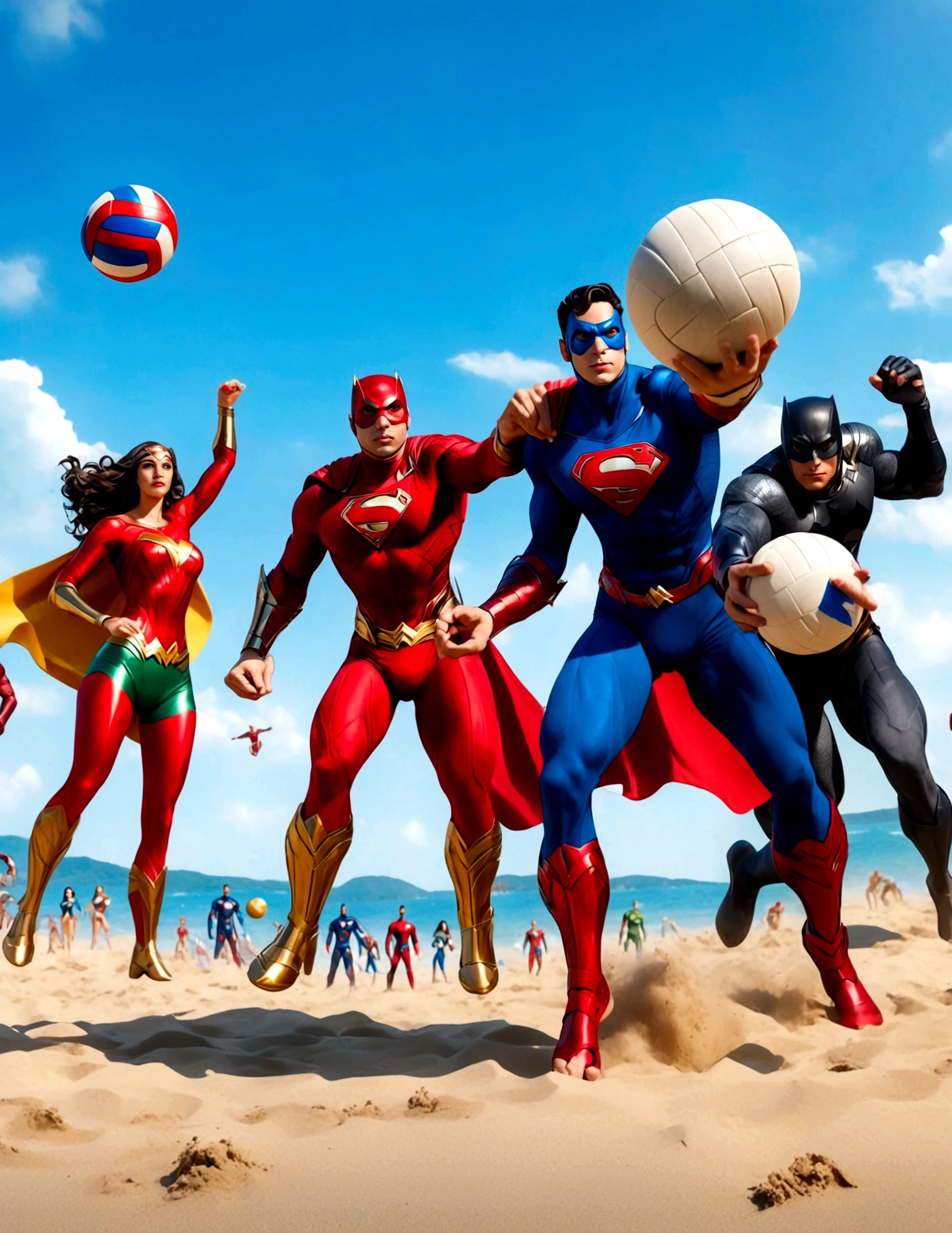 Superheroes are playing volleyball on the beach, DC's Justice League vs Marvel's Avengers, 5 players per team, relaxing super costumes