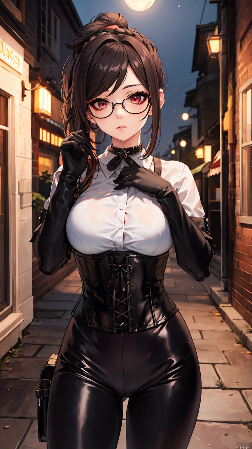 1 girl, Chiori \(genshin impact\), Alone, choker:1.6, White long sleeve shirt with long sleeve collar, black leather corset, black gloves that cover your hands, shiny black leggings, glasses, looking at the viewer,, inside, depth of field, expressionless, alley, at night