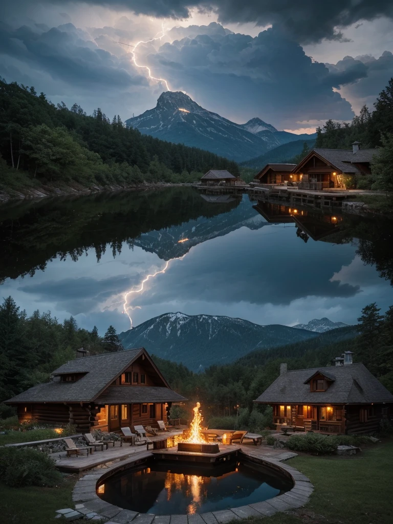 there is a small cabin with a pool in the middle of the yard, log cabin beneath the alps, very close to real nature, peaceful wooden mansion, luxurious wooden cottage, lake house, integrated in the mountains, soothing and cozy landscape, by Alexander Bogen, build in a forest near of a lake, idyllic cottage, chalet, beautiful place, by Jakub Husnik, amazing lightning art, natural lightning, creepy lightning, amazing lightning, dramatic lightening, lightning creating life, crackling with lightning, epic lightning, colossal lightning, scary lightning, beautiful lightning, lightning strikes, exquisite lightning, insane lightning, national geographic photo”, thunderstorm and fire, lightning strike,