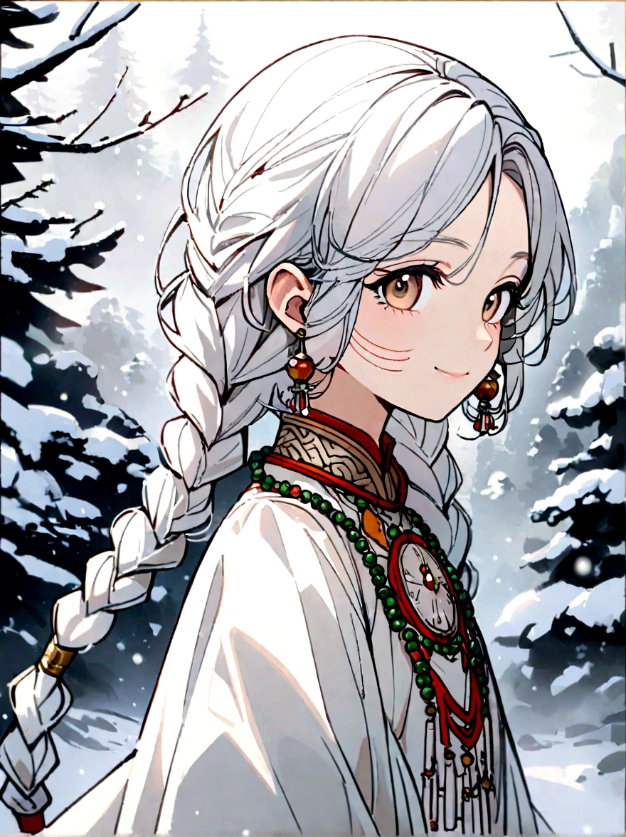 A beautiful girl, big eyes ,very cleanand delicate face, soft and delicate face lines, smiling, optimistic and confident, beautiful long braids, Wear some traditional rich Tibetan ornaments, flowers and beads,side face, side view, long shot,  very delicate facial features, In the snow,upper body