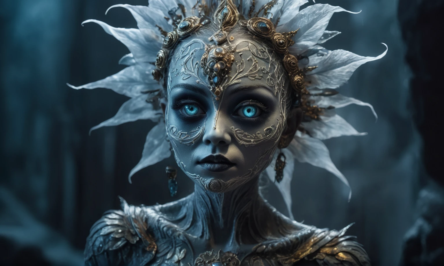 Magical plant ghost flower, ghost flower,carismatic，Incredible，terror ,extremely detailed,intricate details,big eyes extremely detailed, high detailed eyes,16k resolution, realistic humid skin,extremely intricate details,Epic Realistic,face anatomically correct,Ultra HD,HDR, natural skin textures, hyper realism,realistic skin texture, hyper detailed,extremely Realism,Ultra Detailed,body logically correct,full body length shot,beggar graphite Manganite sparas, wants eat,survival in criminal city of future,Cinematic,soft colors, Technicolor,natural skin textures, hyper realism, hyper detailed,Extremely detailed,High contrast,Masterpiece,Realistic,Ultra Detailed, intricate details,realistic humid leather,extremly intricate,Epic Realistic, cinematic style,irina yermolova,high contrast,hdr,extremely detailed, [deep night landscape],masterpiece,intricate details,faded,eyes extremely detailed, high detailed eyes,16k resolution,RAW,retina, Nikon Z9,Songbird,orc,Guangxi Zhuang of China,tkt style, Pisces,perfect, ginger，transition between two art styles, Ink painting to photorealism, Double contact, X-ray, Creative, vivid light, masterpiece, fantasy, Abstract, Surrealism, super detailed, high resolution, stop:35,(((creature with a spectral and ghostly appearance)). Her skin is pale, almost translucent.wears dark, torn clothes that float around him, as if permeated by an aura of mourning. Its appearance is complemented by details such symbols of gothic elements, further emphasizing its dark air. is haunted and tormented entity,pixar movie still,Silver-gold long hair with bangs、Aquamarine Eyes,matte silver sequined dress,Mestichino,Light particles,chaos