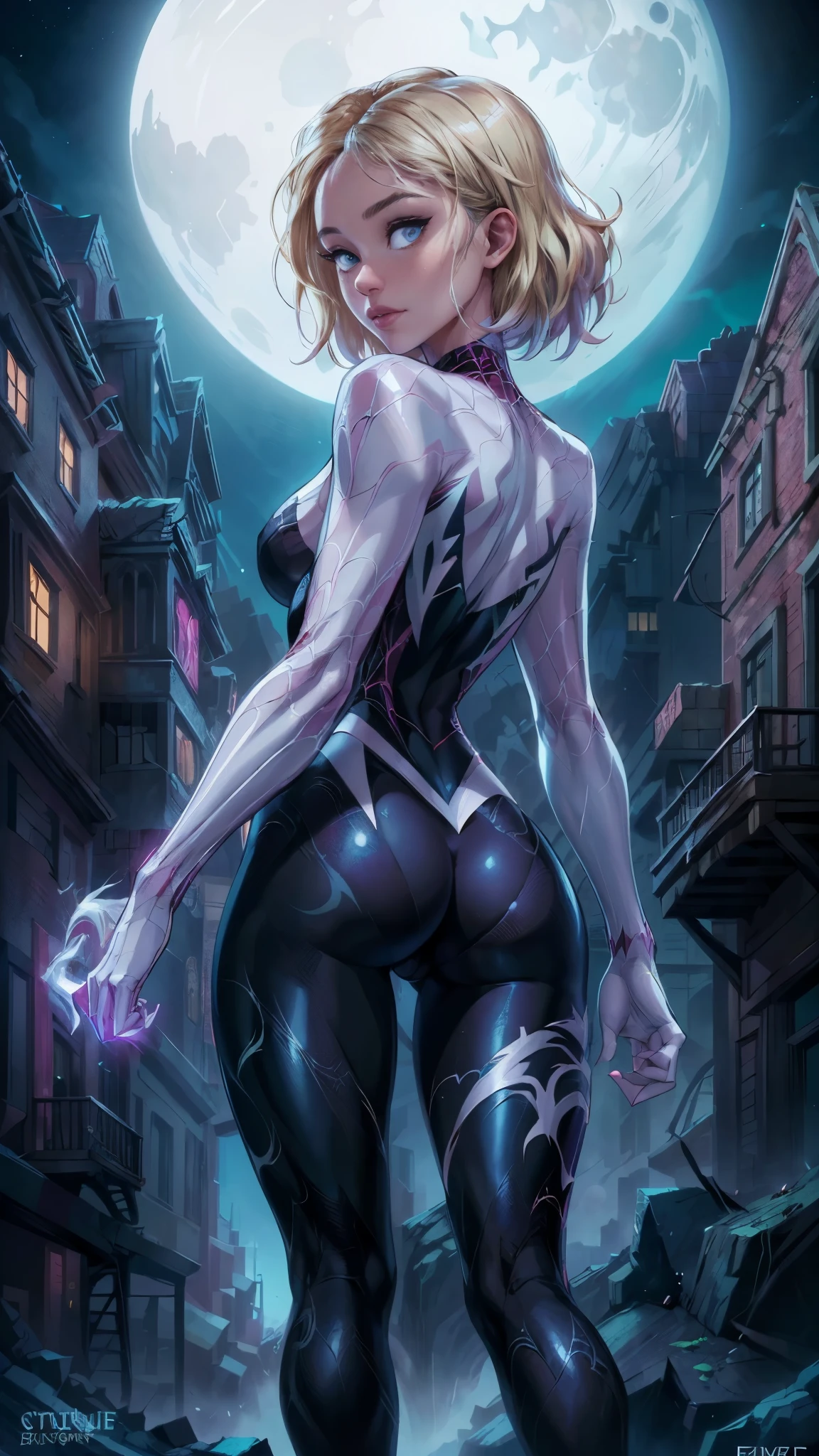 (back view, back view),(La Best Quality,A high resolution,ultra detailed,actual),Spider-gwen standing in a city at night, araña-gwen, araña - gwen, (spider gwen:1.4) , (Gwen Stacy:1.4) ,,(Ruined dungeon ruins background:1.4 ), in the Artgerm Style, Artgerm Style, Artgerm Style, graphic artist artgerm, Betty Cooper, comic germ, en Artgerm Style, as seen on artgerm, Estilo de epic fantasy art HD, 4K fantasy art, epic fantasy digital art style, epic fantasy art style, fantasy woman, epic fantasy art portrait, epic fantasy style, hyperrealistic fantasy art, fantasy art in high definition, Epic fantasy character art.., epic fantasy art, in dark fantasy art style, epic fantasy digital art, (perfect anatomy :1.4),( cinematic lighting :1.4), (the uniform lasts white), 8K more detailed.unreal engine:1.4,UHD,La Best Quality:1.4, photorealistic:1.4, skin texture:1.4, Masterpiece:1.8,first job, Best Quality,object object], (detailed facial features:1.3),(beautiful blue eyes),  (cowboy pose), (face detailed Gwen Stacy :1.4),( Gwen Stacy :V2.1), (Five fingers, four fingers and thumb),(she has a beautiful beautiful ass ), (shiny white tights/shackles:1.4),(bright colors),( big bright moon background :1.4) (perfect anatomy detailed :V2.1), (perfect human fingers :1.4), (face detailed :1.4) 