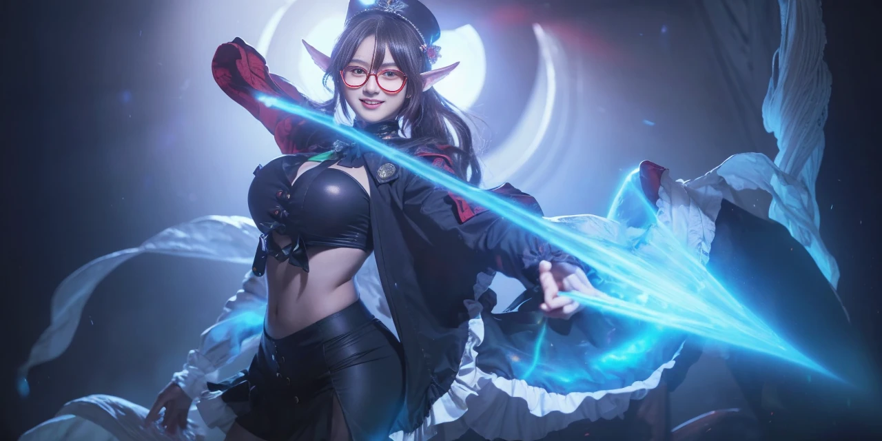 ((masterpiece, best quality)), aston machan (umamusume),, smile, large breasts, upper body, , long sleeves, white shirt, frills, green skirt, button, black thighhighs, suspender, , espectacled, red-framed eyewear, red hat crown, , crazy eyes, glowing eye, ,