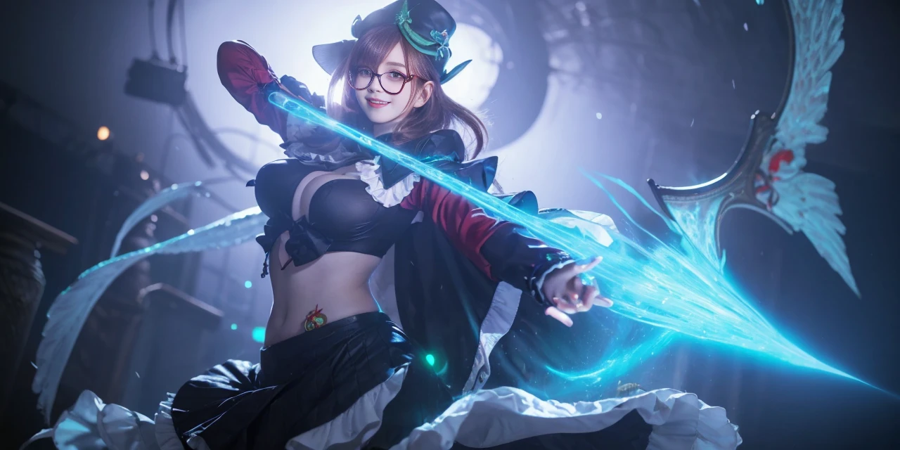 ((masterpiece, best quality)), aston machan (umamusume),, smile, large breasts, upper body, , long sleeves, white shirt, frills, green skirt, button, black thighhighs, suspender, , espectacled, red-framed eyewear, red hat crown, , crazy eyes, glowing eye, ,