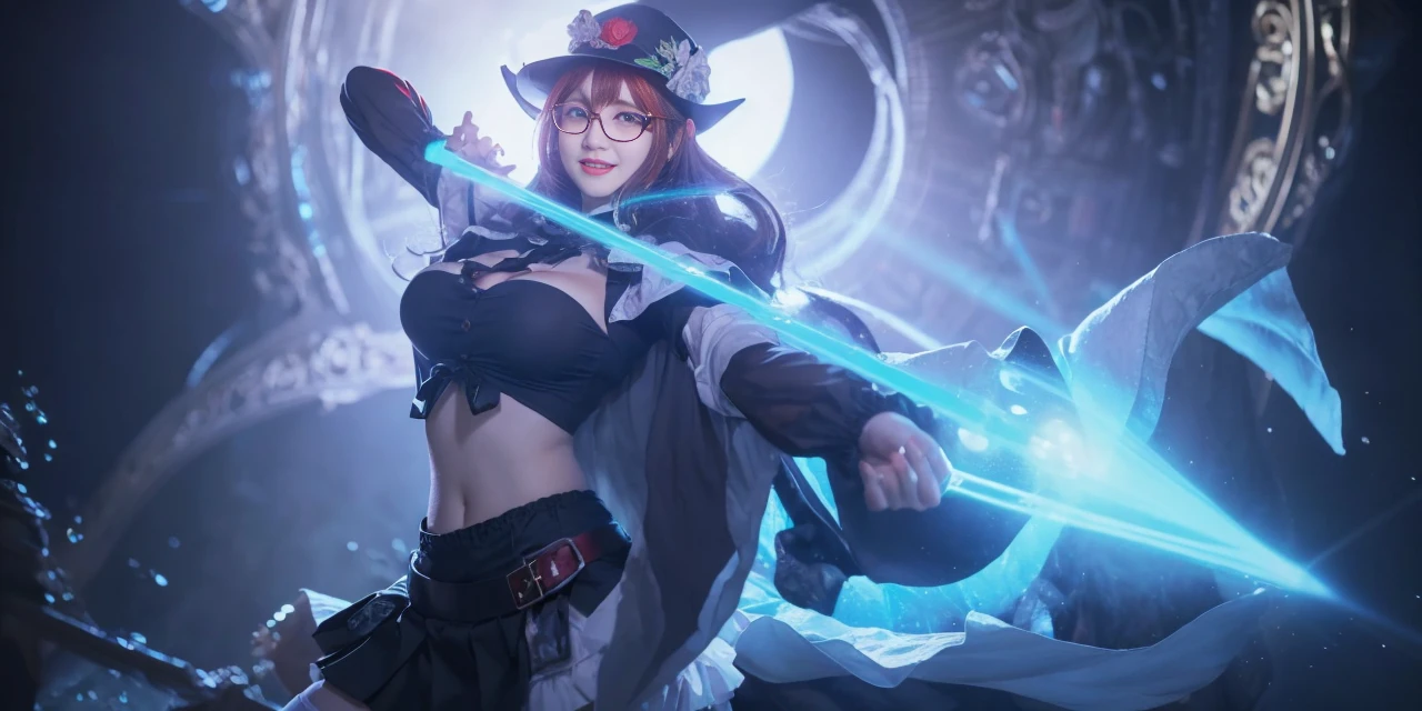 ((masterpiece, best quality)), aston machan (umamusume),, smile, large breasts, upper body, , long sleeves, white shirt, frills, green skirt, button, black thighhighs, suspender, , espectacled, red-framed eyewear, red hat crown, , crazy eyes, glowing eye, ,