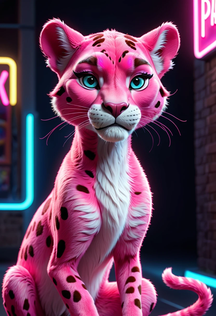 cartoon pink panther adult, with very thin, realistic and beautiful fur, with unusual, fun poses, 8k, detailed neon