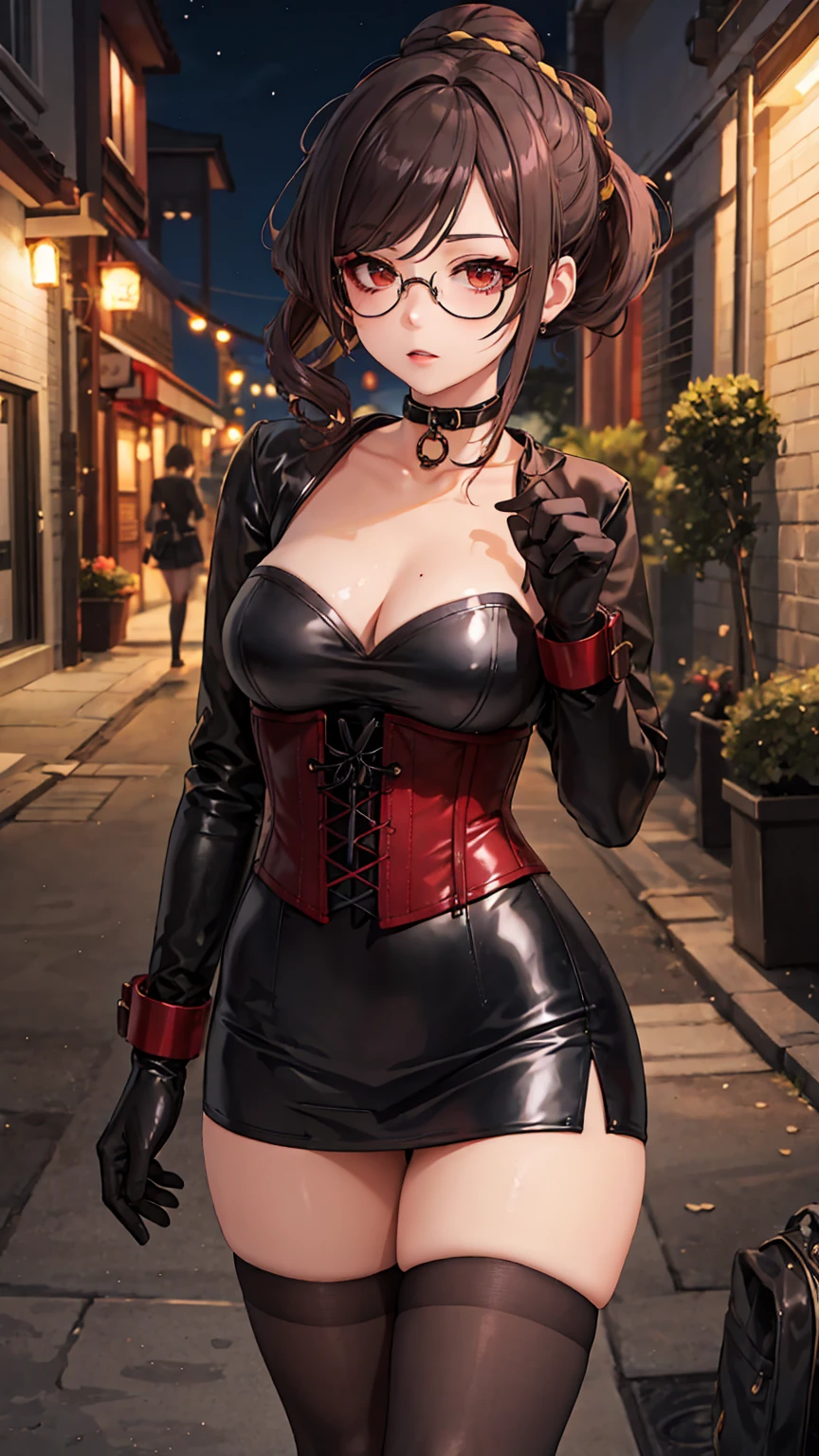 ((masterpiece,best quality)), absurdres, marnie, aqua eyes, black choker, red ribbon, pink dress, jewelry, black jacket, open clothes, long sleeves,  solo, smiling, looking at viewer, cowboy shot,  cinematic composition,  contrapposto, large breasts, microdress, crochet dress, strapless dress