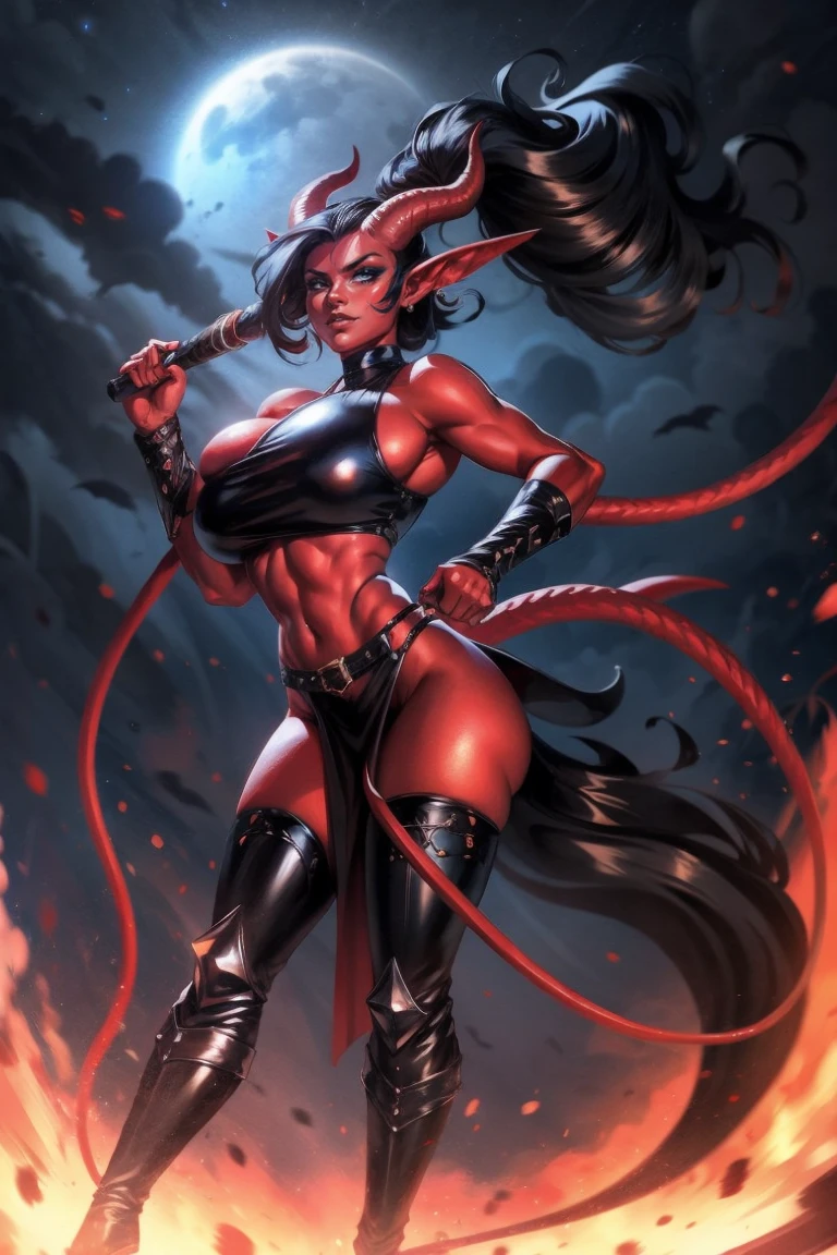 Red skin succubus tiefling, large breasts, black horns, wings, huge tail, black leather, crop top, long flowing pelvic curtain, tall, toned, graceful, thin, long black ponytail. Action scene, whip. Dark scene, explosions, night sky.