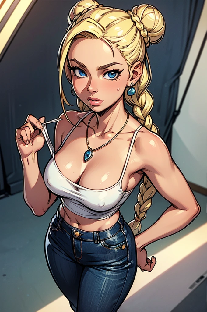 ((ultra quality)), ((tmasterpiece)), gnome girl, Short stature, ((blonde woman, hairlong, braided)), (silver ear rings), (silver necklace around the neck), (Beautiful cute face), (beautiful female lips), Charming, ((sexy facial expression)), is looking at the camera, eyes are slightly closed, (Skin color: white), Body glare, ((detailed beautiful female eyes)), ((dark blue eyes)), (juicy female lips), (beautiful female hands), (A bit full figure, bun), ((perfect female figure)), perfect female body, Beautiful waist, Gorgeous hips, Beautiful medium breasts, ((Subtle and beautiful)), seductively worth it (Rear view) (close-up of the face), (wearing blackface jeans, white tanktop) background: on the threshold of the house, Hot day, ((Depth of field)), ((high quality clear image)), (crisp details), ((higly detailed)), Realistic, Professional Photo Session, ((Clear Focus)), the anime