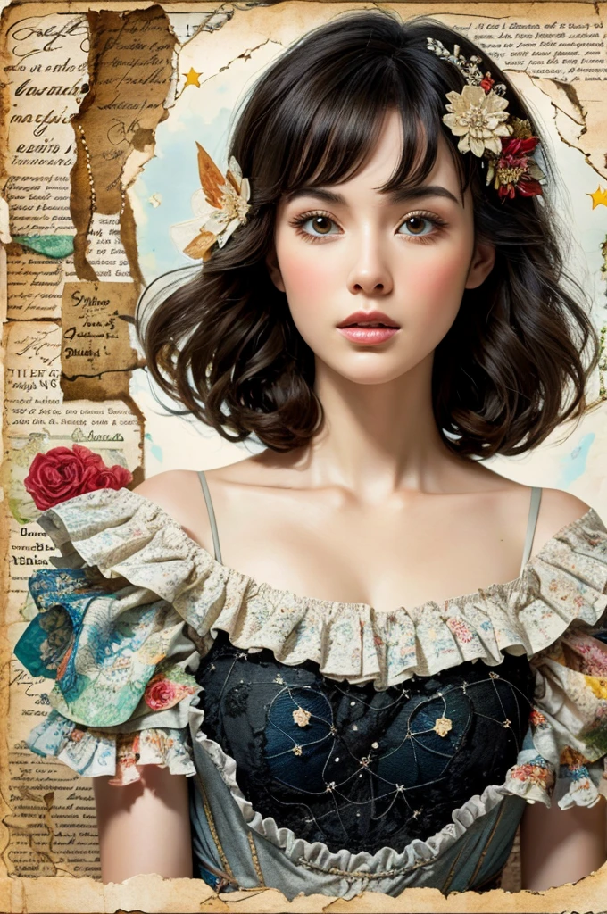 Super detailed alcohol ink painting of gorgeous girl, Made on top of a mixed-media masterpiece patchwork of stress-free vintage script paper, Ephemera, Torn cardboard, Vintage newspaper, Vintage sheet music, Wax Seal, Dress made of paper ruffles and life-size dainty lace, in the style of [Junk Journal, double exposure, Equal to the size of the body, Greg Simkins, Mark Davis, Oliver Jeffers, Andy Kehoe], Cinematic, Stunning, Highly detailed, 8K, dehazed, black long hair, Asian