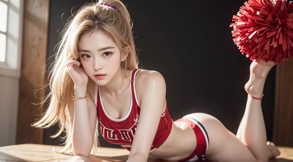 ((最high quality, 8K, masterpiece: 1.3, Ultra HD, high quality, 最high quality, High resolution, realism)) 、Very beautiful 22 year old Caucasian woman、Hair Color: Blonde、Blue Idium Hair、Straight hair、smile、Slim but well-proportioned body、Athlete-like figure、I want to keep my head out of the screen.、Wear accessories on your wrist、Put an anklet on your ankle、Wearing red nail polish、Having a pedicure、Being a cheerleader、Hold pom-poms and wave your hands in the air, They dance the cheer dance