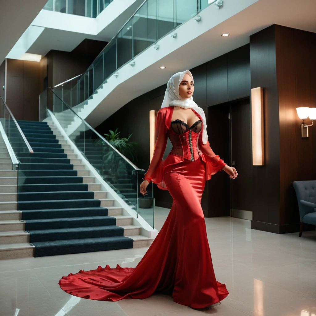 A woman secretary in the translucent red night gown, half naked, wear corset with bra expose, wear blazer,wearing satin hijab, full body,mermaid tight long gown, flowy dramatic long gown,very long flor length gown, tall women, in office lobby,walk down stair,wear glass, walking in a hurry,
sexy face, sexy pose, wear high heels, masterpice, hyper realistic