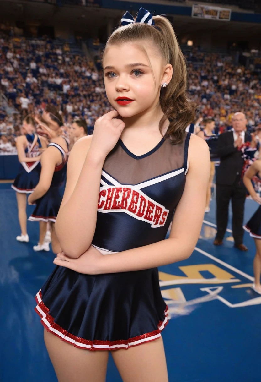 a girl Chloe Moretz in a cheerleader uniform, long black hair in a ponytail, holding pompoms, cheerleading inside the crisler center, beautiful detailed eyes, beautiful detailed lips, extremely detailed face and features, long eyelashes, sheer and shiny cheerleader minidress, silky tan pantyhose, 5 inch black high heeled stilettoes, red lipstick, dangling earrings, (best quality,4k,8k,highres,masterpiece:1.2),ultra-detailed,(realistic,photorealistic,photo-realistic:1.37),hdr,vivid colors,studio lighting,professional