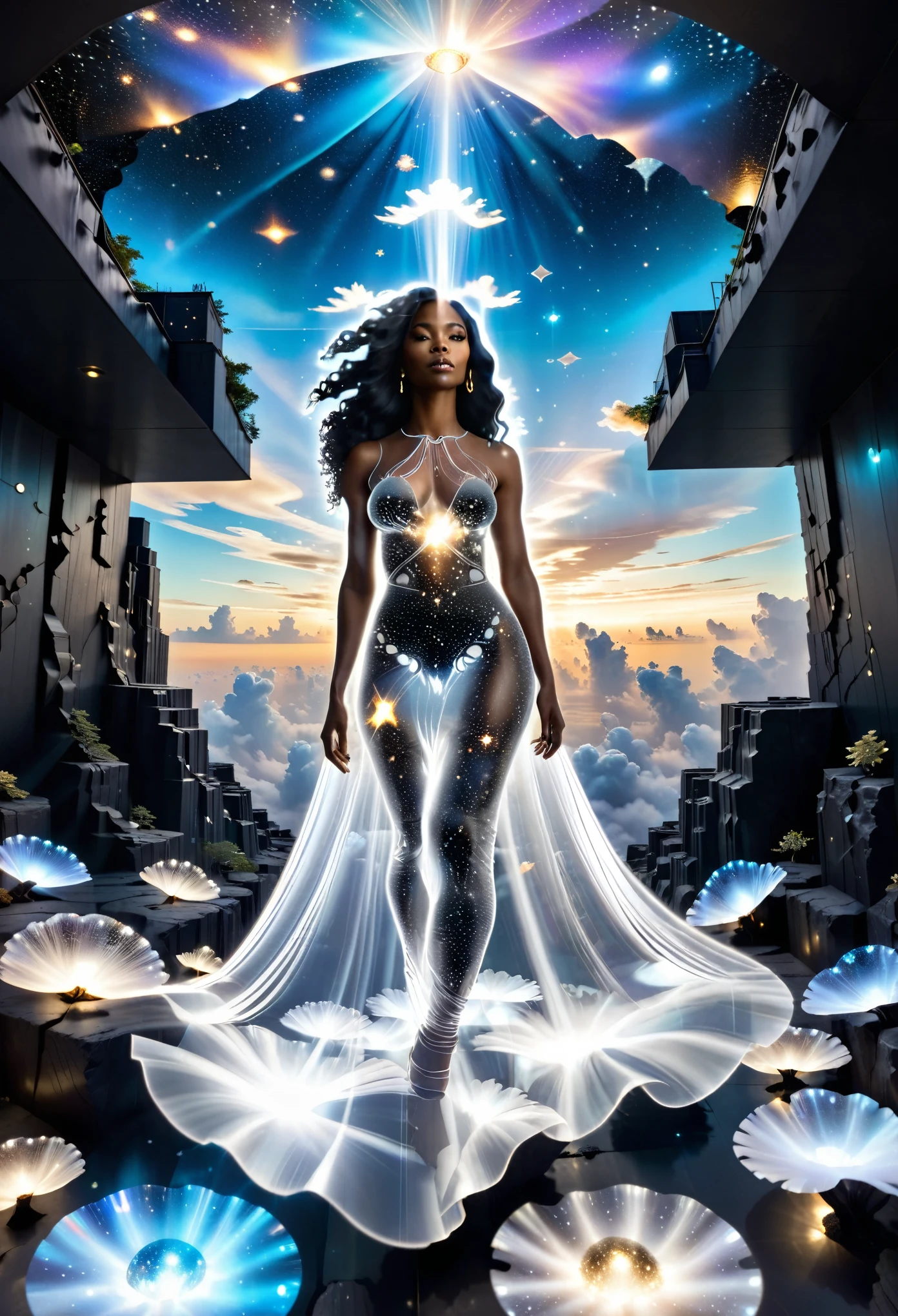 A holographic projection of a see through, translucent, transparent black woman wearing a long wavy transparent white dress, she's floating in the sky among the clouds. Black woman and dress made of beautiful emerging shining stars and galaxy. Emanating glittering star lights and power. Containing visible galaxy and milky way circuitry. Yayoi Kusama style.