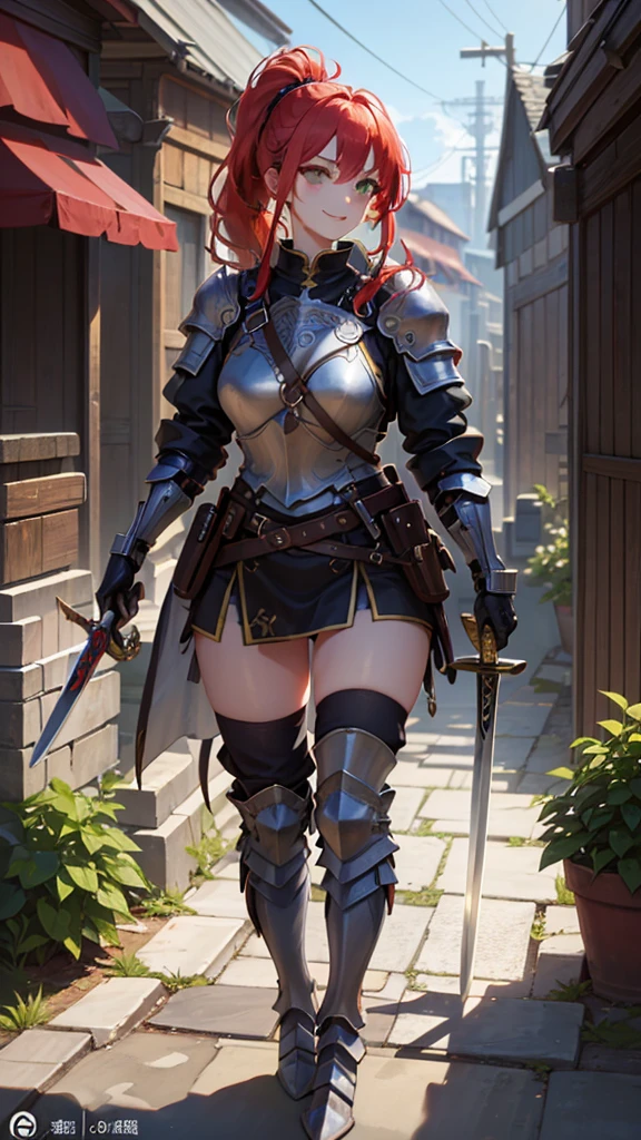 masterpiece、top-quality、 超A high resolution、(Red-haired ponytail female warrior、Green eyes、A mischievous smile、Heavily armed armor、Carrying a sword on his back)、Walk the streets of Western fantasy