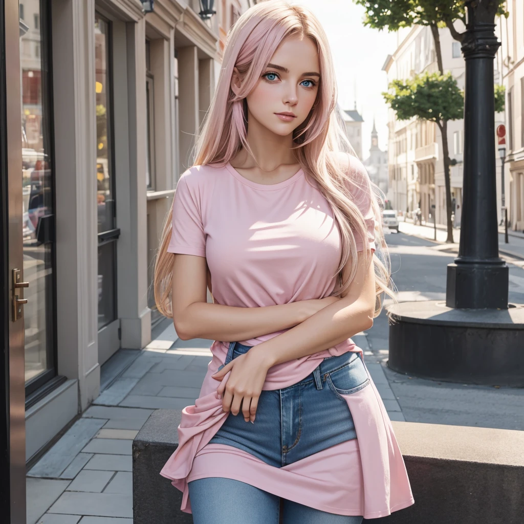 A white young European woman with fair hair in a T-shirt and jeans holds a  in a pink dress in her arms