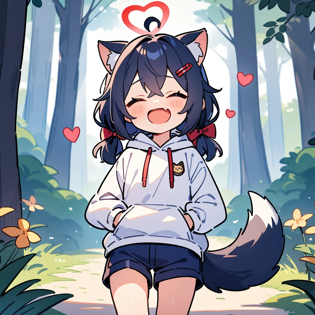 （masterpiece：1.2，high quality），8K，High resolution，A seven-year-old girl，hair，crossed bangs，low twintails，closed eyes，heart ahoge，hairclip，hair bow，cat ears，laughing，skin fang，red halo，Wearing a white hoodie，Dark blue shorts，Stand in the forest，There are flowering trees on both sides.，primary school student，thigh，alone，dog tail，（Put your hands in your pockets），（（Put your hands in your pockets））