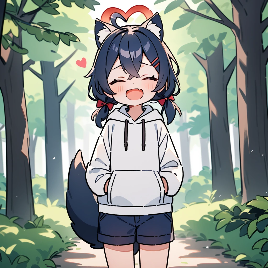 （masterpiece：1.2，high quality），8K，High resolution，A seven-year-old girl，hair，crossed bangs，low twintails，closed eyes，heart ahoge，hairclip，hair bow，cat ears，laughing，skin fang，red halo，Wearing a white hoodie，Dark blue shorts，Stand in the forest，There are flowering trees on both sides.，primary school student，thigh，alone，dog tail，（Put your hands in your pockets），（（Put your hands in your pockets））