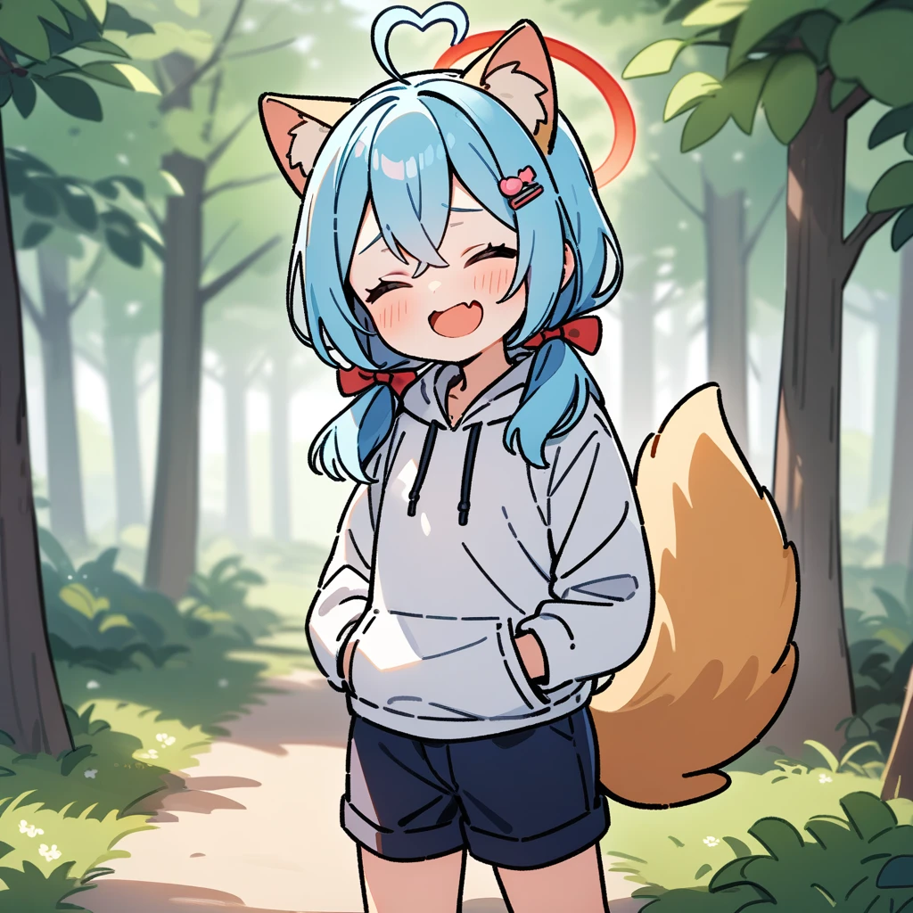 （masterpiece：1.2，high quality），8K，High resolution，A seven-year-old girl，hair，crossed bangs，low twintails，closed eyes，heart ahoge，hairclip，hair bow，cat ears，laughing，skin fang，red halo，Wearing a white hoodie，Dark blue shorts，Stand in the forest，There are flowering trees on both sides.，primary school student，thigh，alone，dog tail，（Put your hands in your pockets），（（Put your hands in your pockets））