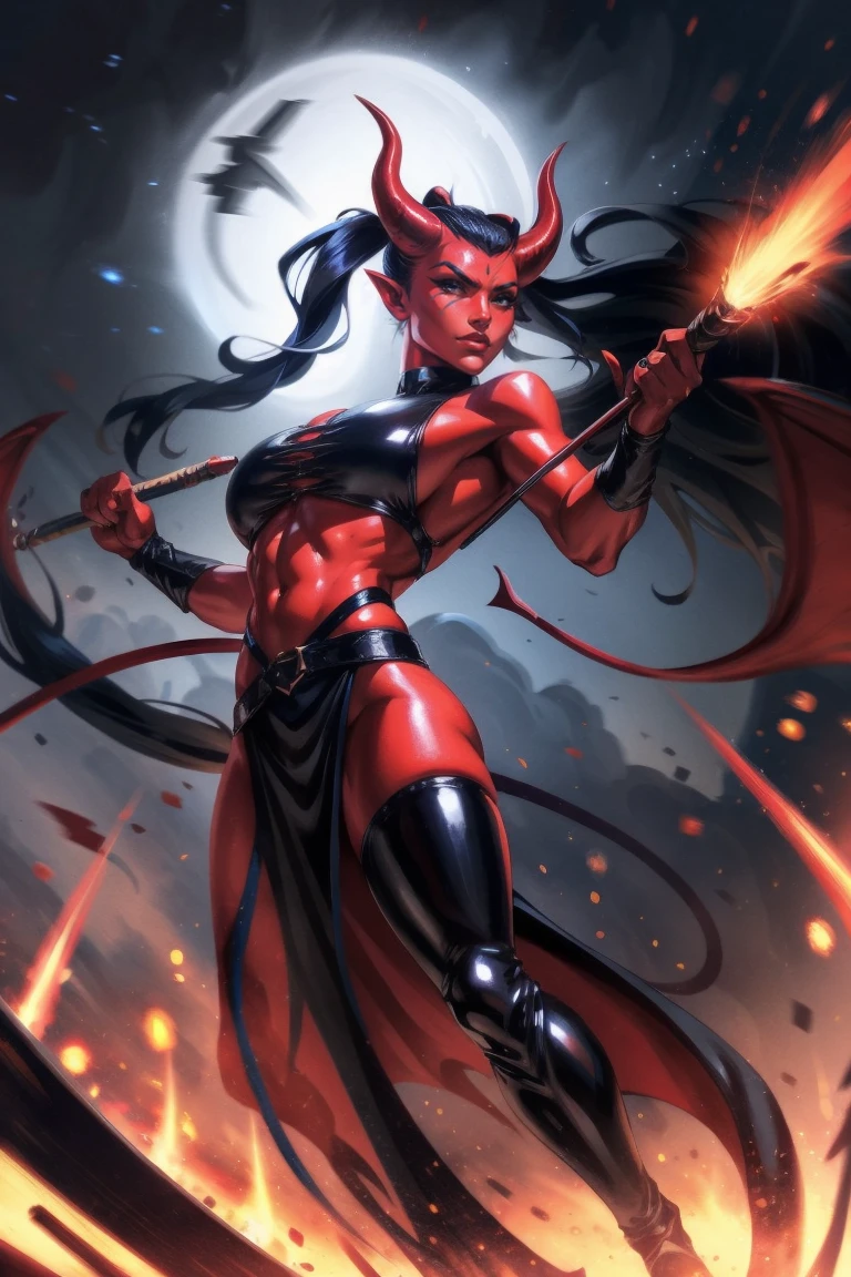 Red skin succubus tiefling, large breasts, black horns, wings, huge tail, black leather, crop top, long flowing pelvic curtain, tall, toned, graceful, thin, long black ponytail. Action scene, whip. Dark scene, explosions, night sky.