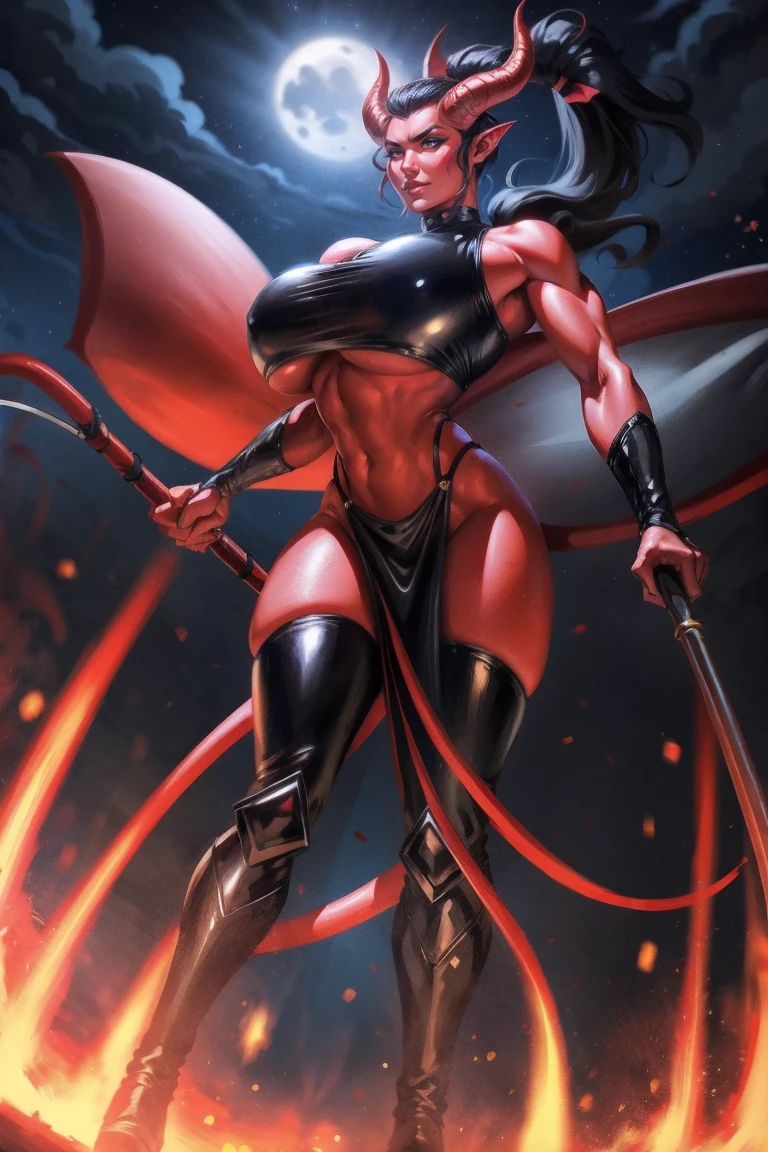 Red skin succubus tiefling, large breasts, black horns, wings, huge tail, black leather, crop top, long flowing pelvic curtain, tall, toned, graceful, thin, long black ponytail. Action scene, whip. Dark scene, explosions, night sky.