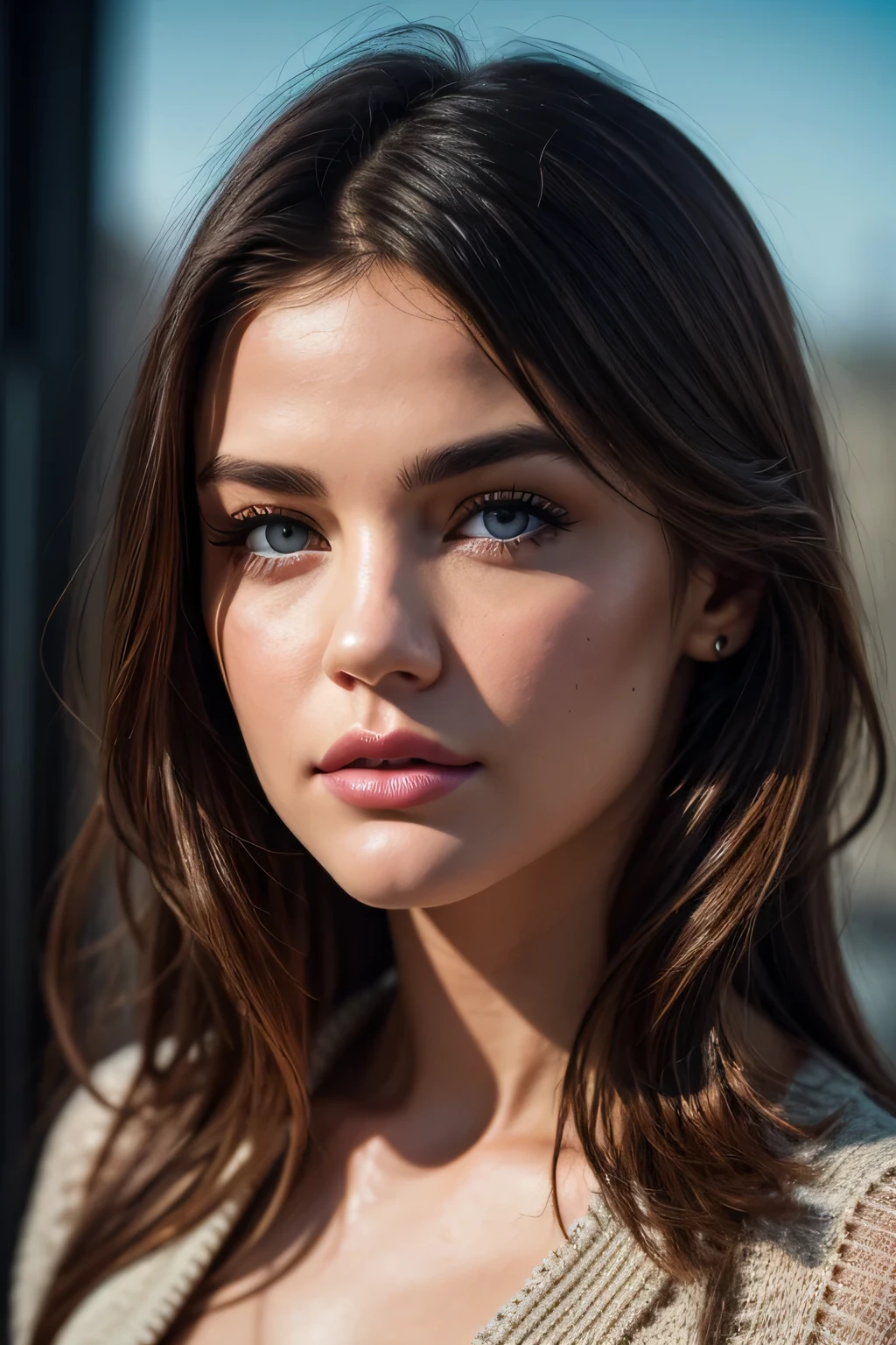 A photorealistic portrait of a stunningly beautiful Lucy Hale, supermodel with light make - up, photo for the cover of a fashion magazine, extremely detailed light honey eyes, detailed symmetric realistic face, extremely detailed natural texture, windy messy hair, masterpiece, absurdres, award winning photo by lee jeffries, nikon d850 film stock photograph, kodak portra 400 camera f1. 6 lens, extremely detailed, amazing, fine detail, rich colors, hyper realistic lifelike texture, dramatic lighting, unrealengine, trending on artstation, cinestill 800 tungsten, looking at the viewer, photo realistic, RAW photo, TanvirTamim, high quality, highres, sharp focus, extremely detailed, cinematic lighting, 8k uhd, - imagine