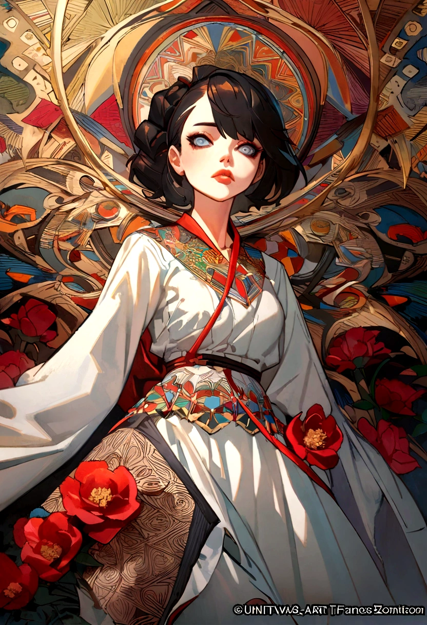 offcial art, unity wallpaper 8k, ultra detaild, beautiful and aesthetic, work of art, best qualityer, (zentangle, mandala, tangle, entangle), (Fractal Art:1.3) , 1 girl, red flowers, extremely detaild, dynamic angle, tiro de cowboy, most beautiful form of chaos, chic, a brutalist designed, bright coloured, Romanticism, por James Jean, roby dwi antono, ross tran, francis bacon, It was very cold, Adriano Genius, petra corright, gerhard richter, takato yamamoto, ashley wood, atmospheric