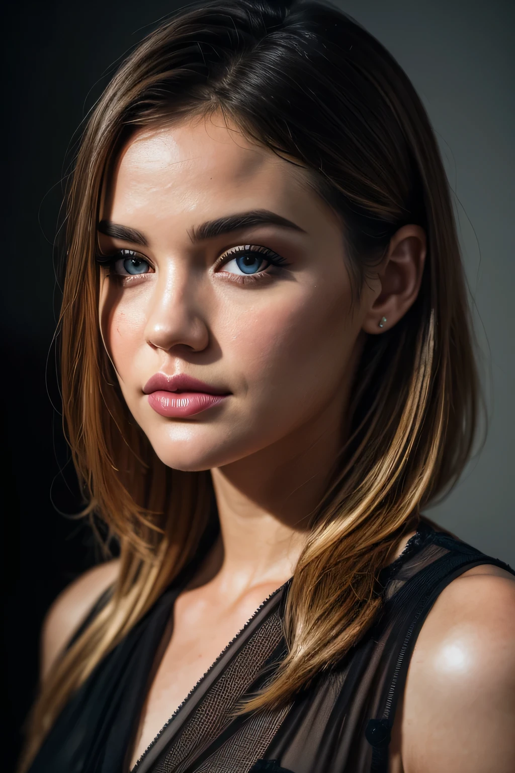 A photorealistic portrait of a stunningly beautiful Lucy Hale, supermodel with light make - up, photo for the cover of a fashion magazine, extremely detailed light honey eyes, detailed symmetric realistic face, extremely detailed natural texture, windy messy hair, masterpiece, absurdres, award winning photo by lee jeffries, nikon d850 film stock photograph, kodak portra 400 camera f1. 6 lens, extremely detailed, amazing, fine detail, rich colors, hyper realistic lifelike texture, dramatic lighting, unrealengine, trending on artstation, cinestill 800 tungsten, looking at the viewer, photo realistic, RAW photo, TanvirTamim, high quality, highres, sharp focus, extremely detailed, cinematic lighting, 8k uhd, - imagine
