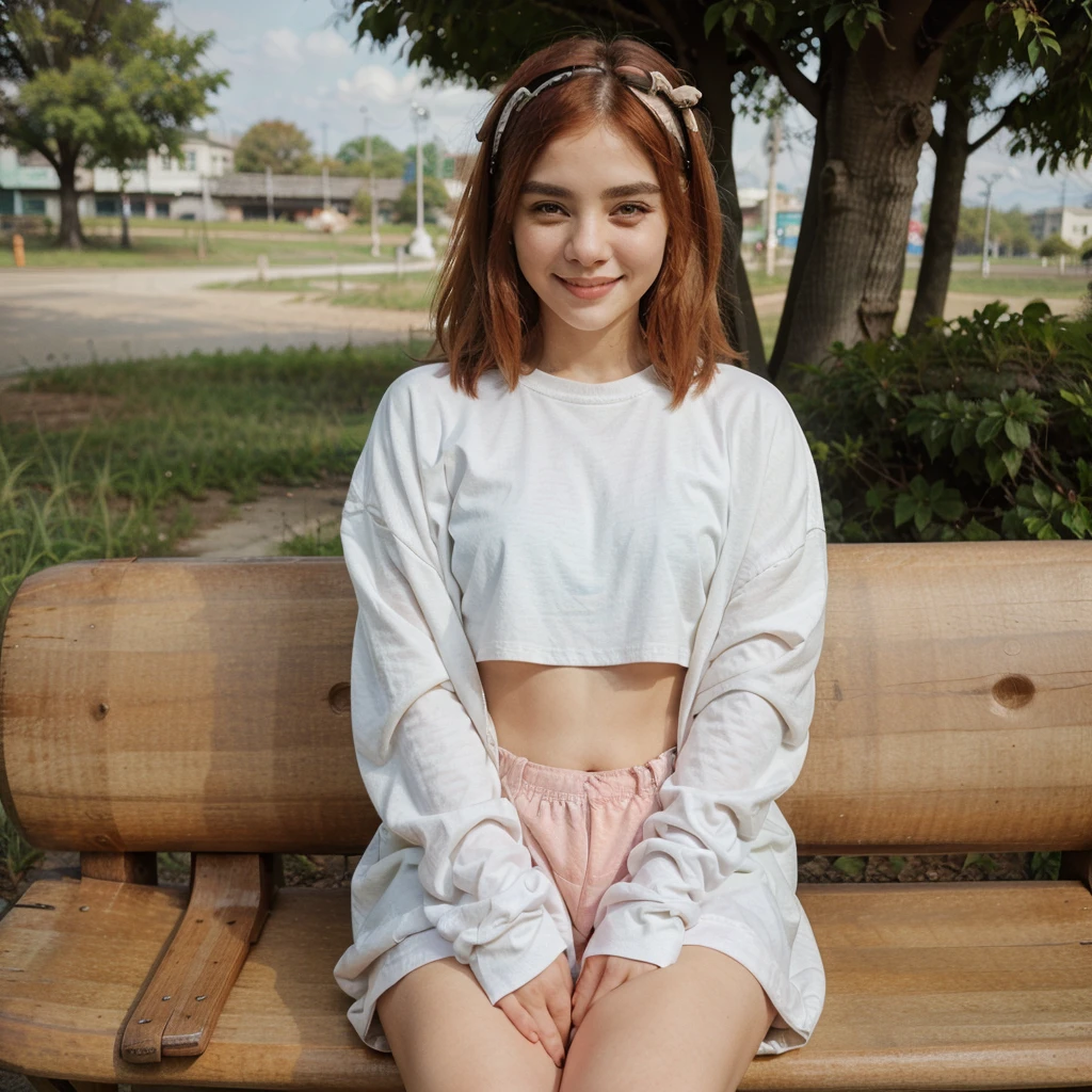 sitting on a park bench, wearing oversized clothes, smiling, flirty face