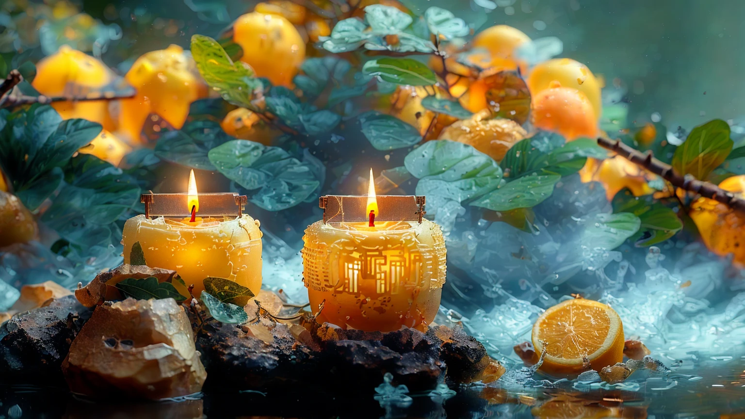 there are two Candles that are sitting on a table, Peaceful atmosphere, Warm and beautiful scenery, Beautiful atmosphere, Peaceful atmosphere, glowing Candles, Yellow lantern, Beautiful atmosphere, Relaxed atmosphere, floating Candles, Peaceful landscape, Candles, Candlesライト, Blissful atmosphere, Warm and fun atmosphere, Serene landscape, Beautiful Wallpapers, High-resolution wallpapers, Very peaceful mood, lit Candles