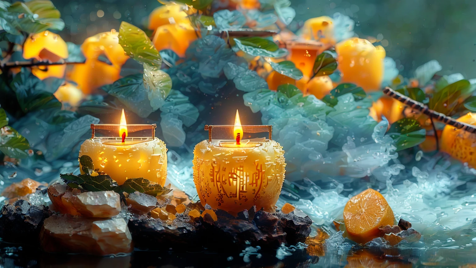 there are two Candles that are sitting on a table, Peaceful atmosphere, Warm and beautiful scenery, Beautiful atmosphere, Peaceful atmosphere, glowing Candles, Yellow lantern, Beautiful atmosphere, Relaxed atmosphere, floating Candles, Peaceful landscape, Candles, Candlesライト, Blissful atmosphere, Warm and fun atmosphere, Serene landscape, Beautiful Wallpapers, High-resolution wallpapers, Very peaceful mood, lit Candles