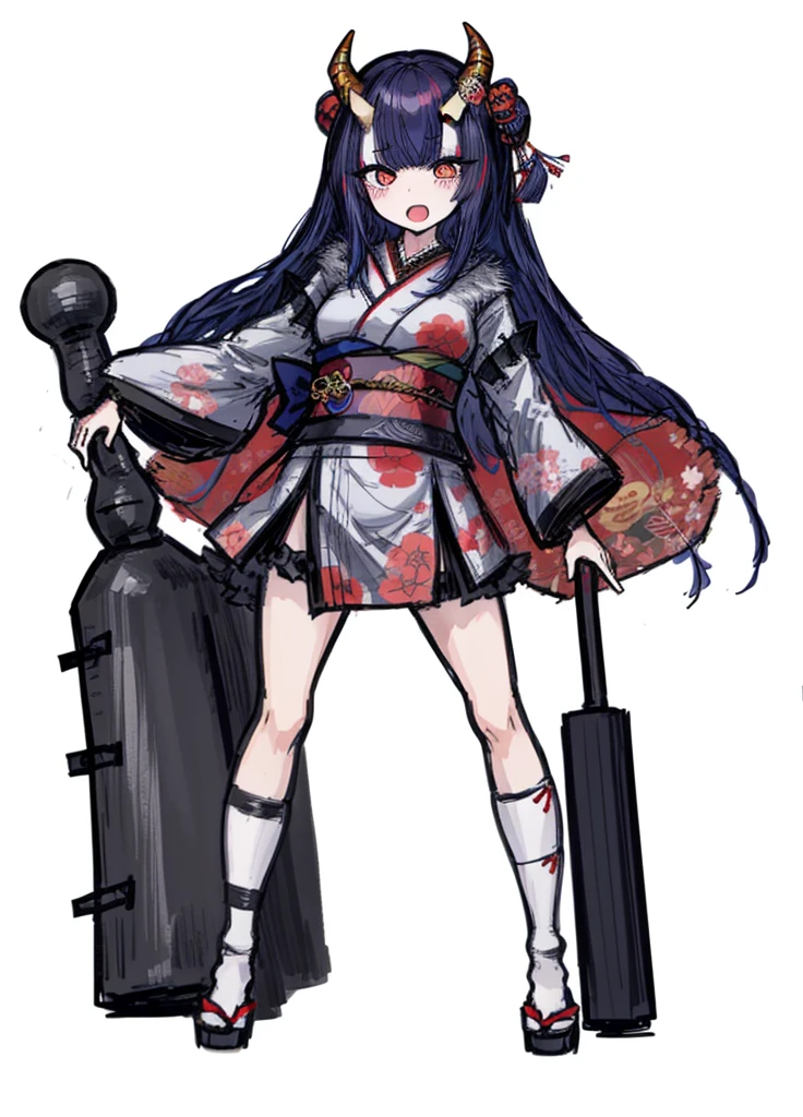 1girl, Japanese oni, fur horns, kimono, giant mallet, actiz, noble, elegant, nice clothes, (high resolution, high detail, best quality),
black background, happy, open mouth, cute