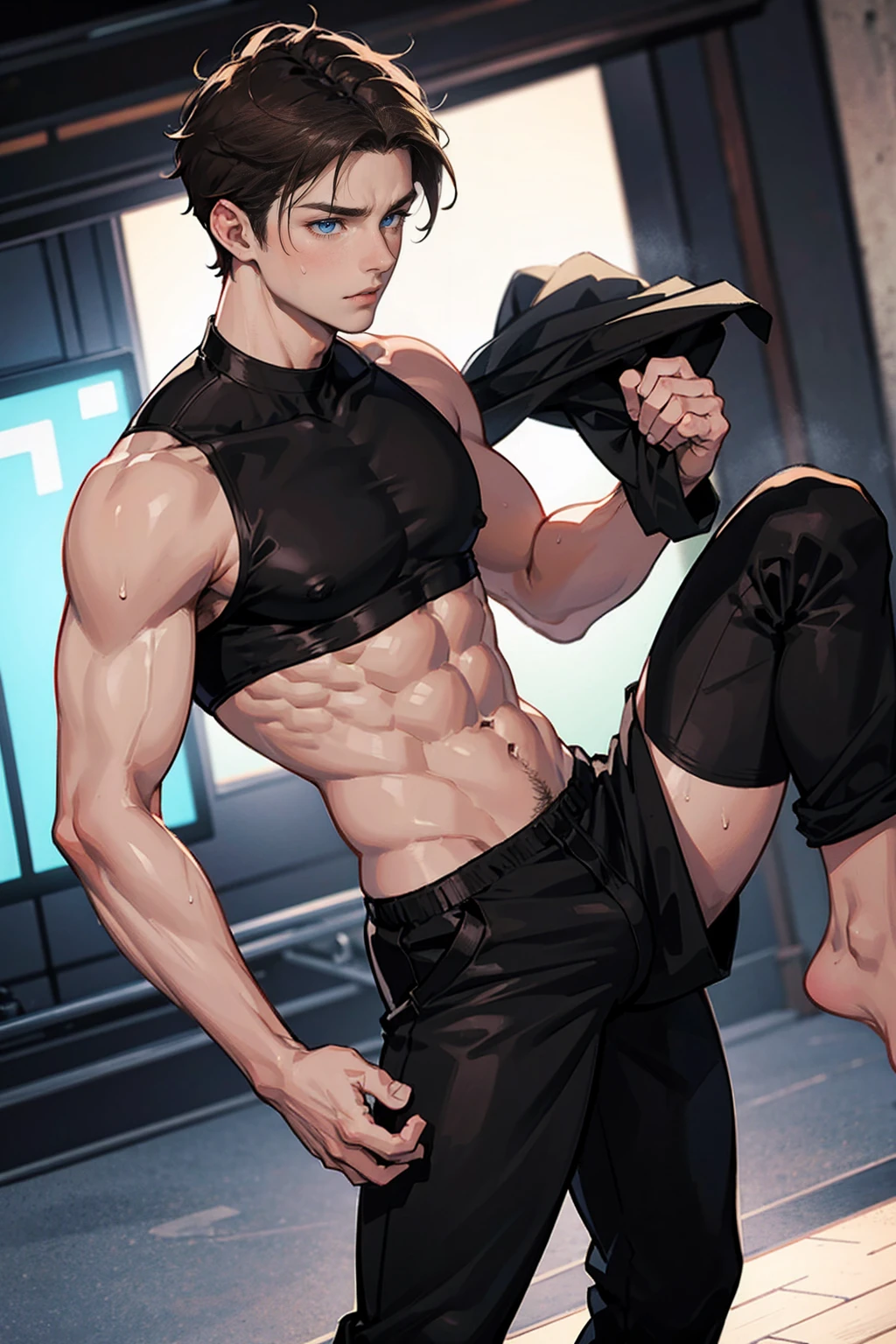Brown hair boy, Blue eyes, muscular, hot and sexy sweaty body, shirtless, wearing black pants, barefoot