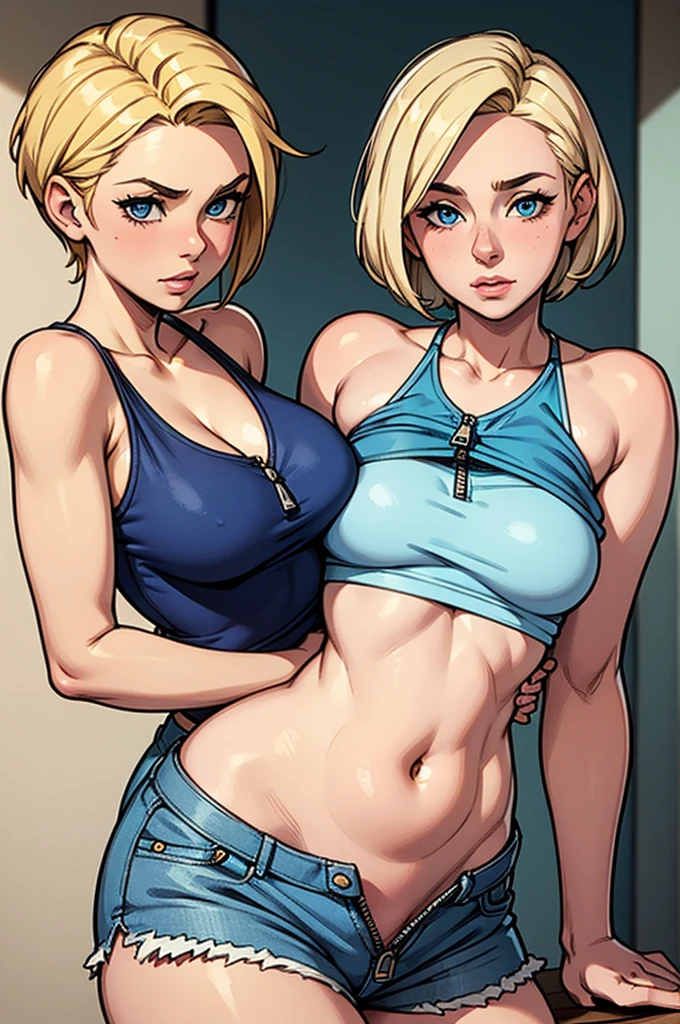 Young female, short blonde hair, big blue eyes, rosy cheeks, wearing a tight blue tank top, with a breasted neckline, with her belly exposed, wearing short denim shorts with an open zipper Crouching