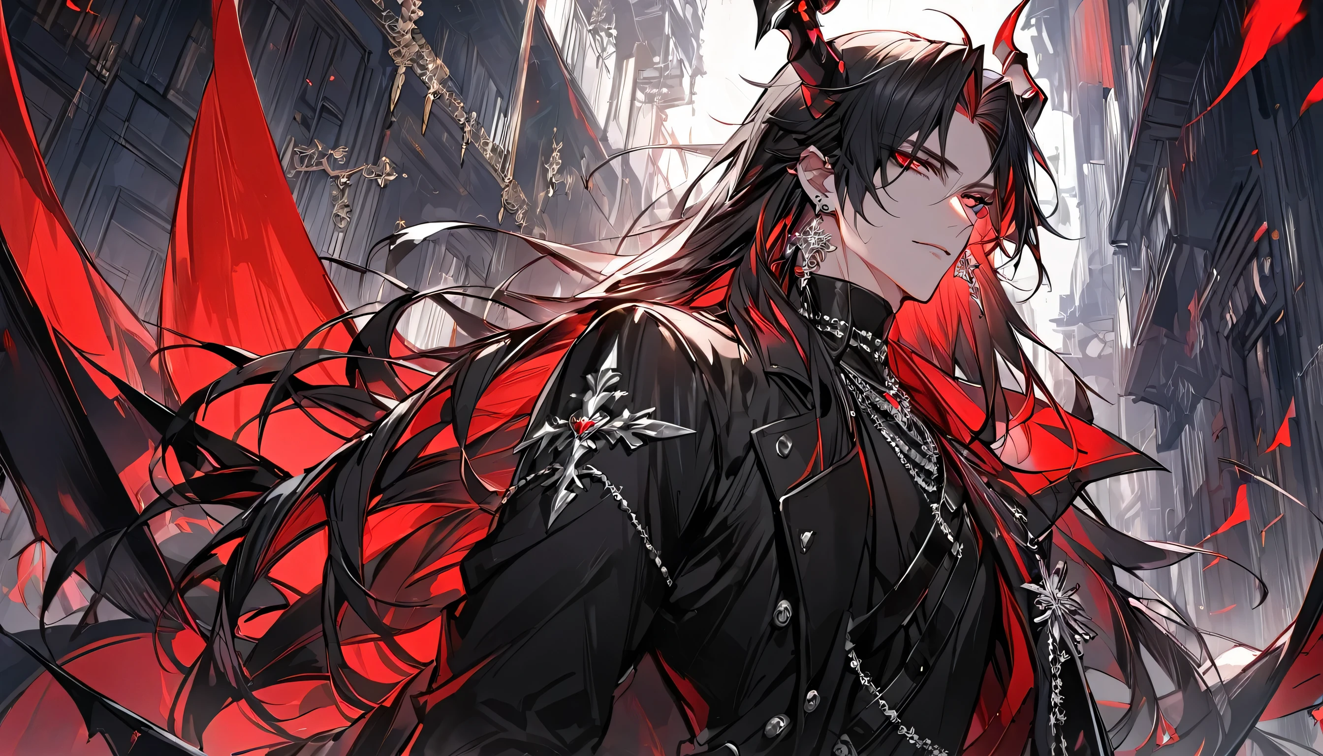 alone, good looking, 1 male, Long hair, Middle parted, Black hair, Red eyes, Black shirt, White Thailand, Black Trench Coat, Royal Silver Jewellery, Royal Demon Earrings, Black horns, Vtuber Front Facing