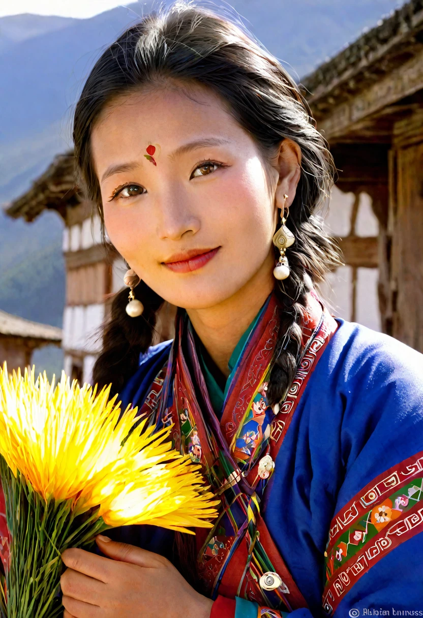 Bhutanese woman in traditional Bhutanese teunue in Paro in the heart of Bhutan 