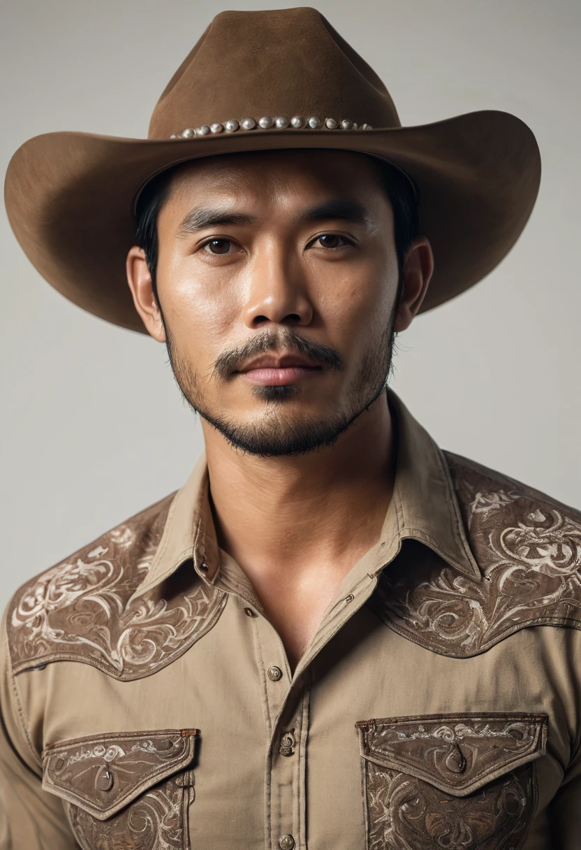 Thai man,hero,32 years old,Wear a hunting shirt,Wearing a cowboy hat.,full body view, Special handsome face, Front focus on the camera, short beard, black hair ((tan skin)), ((pearl skin)), (((full body))), Olsen01, ((Looking at the camera)), portrait of ((Remarkably charming)) man ((perfect male face)), complicated, 8k, Highly detailed, (Very detailed CG unity 8k wallpaper.), ((square jaw)), (well defined jaw), (depressed lips), (anatomy details),
