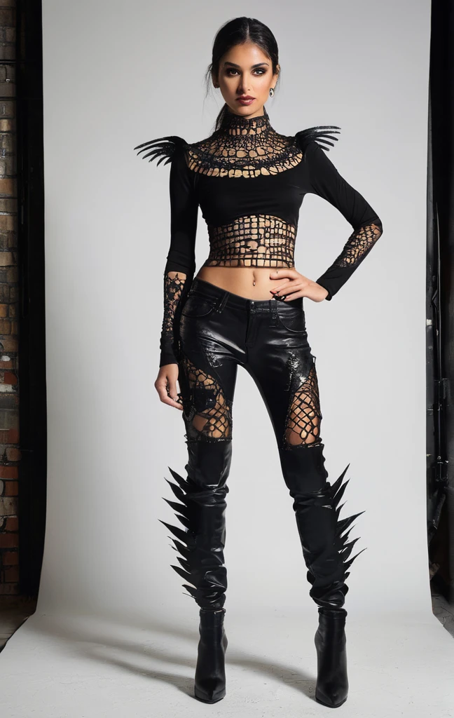 Model: long wavy black hair, full dark lips, Smoky eyes, BREAK, Setting: A room with black light, Broken glass, neon lights, BREAK, bodypaint: Polychromatic geometric patterns, Torso cover, Arms and legs, BREAK, Accessories: chrome chains for the body, Silver Choker, black feathered wings, BREAK, the pose: crouching, The head is tilted upwards, Looking ahead with a gaze.