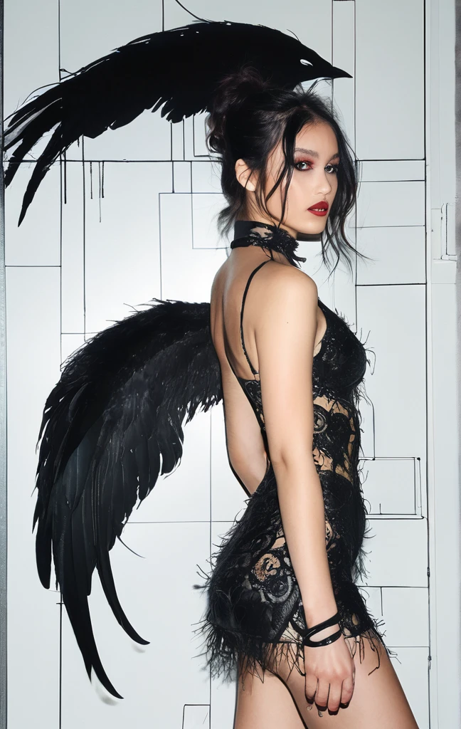 Model: long wavy black hair, full dark lips, Smoky eyes, BREAK, Setting: A room with black light, Broken glass, neon lights, BREAK, bodypaint: Polychromatic geometric patterns, Torso cover, Arms and legs, BREAK, Accessories: chrome chains for the body, Silver Choker, black feathered wings, BREAK, the pose: crouching, The head is tilted upwards, Looking ahead with a gaze.