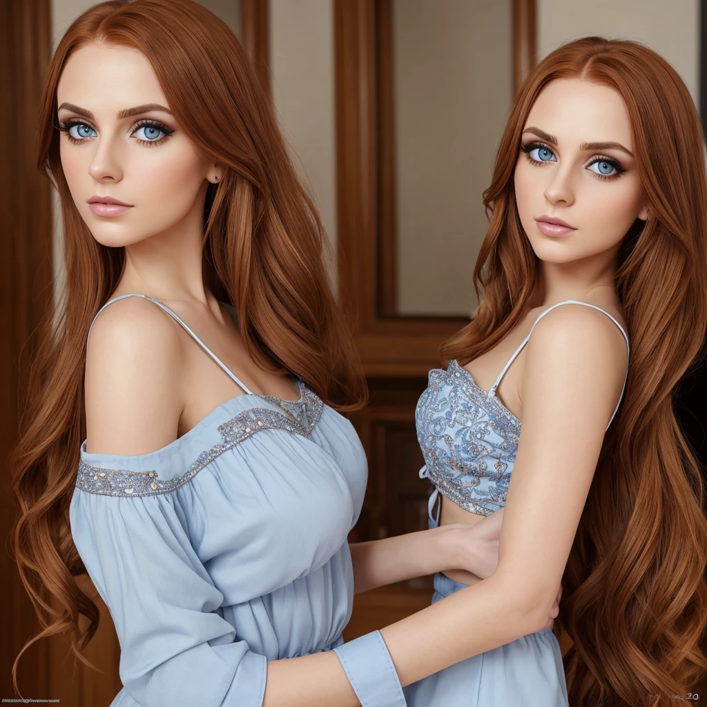 photorealistic, realistic, best quality, highest quality, masterpiece, award winning, extremely detailed, highly detailed, inside house ukranian woman, lady, cute, pretty, attractive, beautiful, glamorous, sophisticated, ginger hair, big eyes, fair skin, cool hair, flat belly, toned stomach, thin build, detailed face, detailed hands and fingers, wearing makeup, eyeshadow, eyeliner, wearing casual outfit standing, facing forward, facing viewer, looking forward, looking at viewer, upper half body portrait