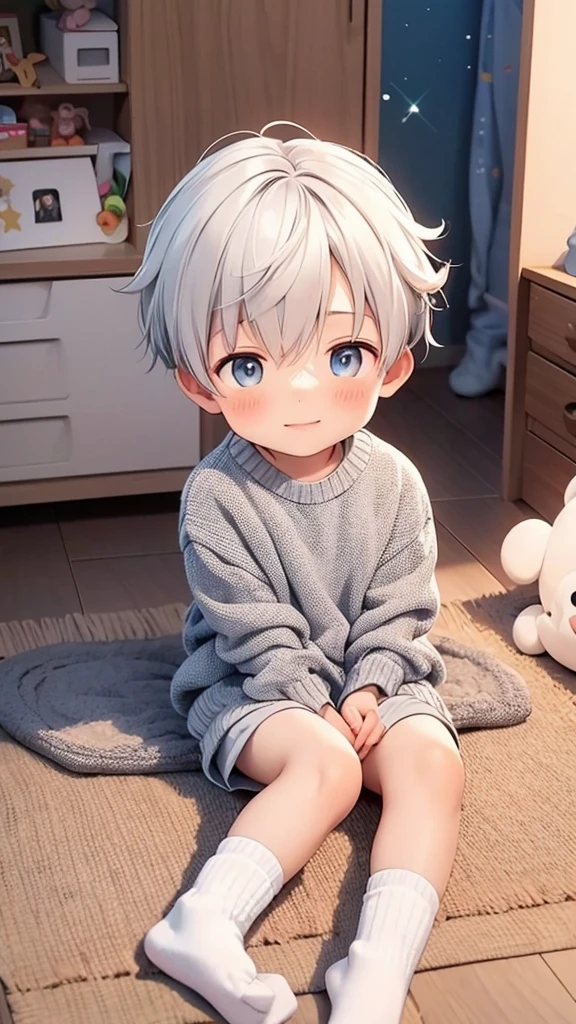 4 year old boy sitting on the floor with his legs crossed and with cute socks with children's drawings his room is so cute and full of sparkles He has fluffy white hair 