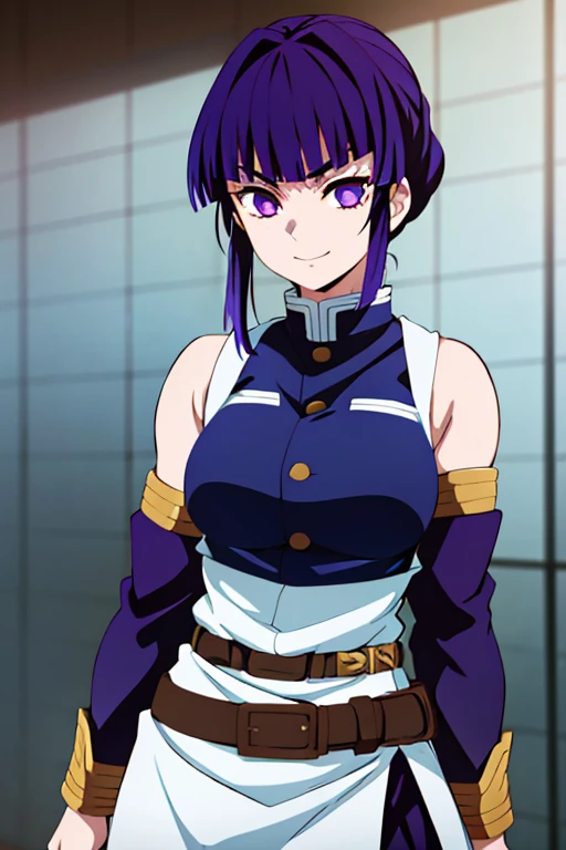 demon slayer anime style, 1 Smiling tough girl with crimson eyes and short dark blue hair with much bluer raised ends and crossed pointed bangs and wears a sleeveless uniform with muscles. Girl number 2 is serious and beautiful with golden-purple eyes and pronounced eyebrows and has long straight wavy dark and shiny purple hair with two strands of hair on the sides of her ears and wears a long-sleeved hunter uniform with a neutral blue coat.. Kimetsu no yaiba anime.