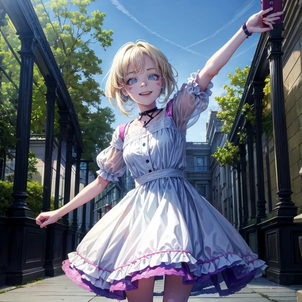 8k, masterpiece,a girl roaming in the park,day time,taking a selfie around greenery trees,smile on face,clear face and perfect symmetry,wear normal small cute dress,half image.